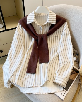 Autumn stripe shirt loose all-match shawl 2pcs set