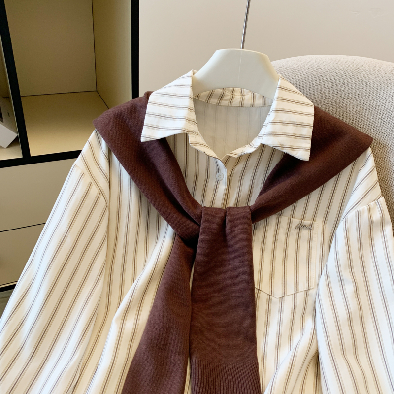 Autumn stripe shirt loose all-match shawl 2pcs set