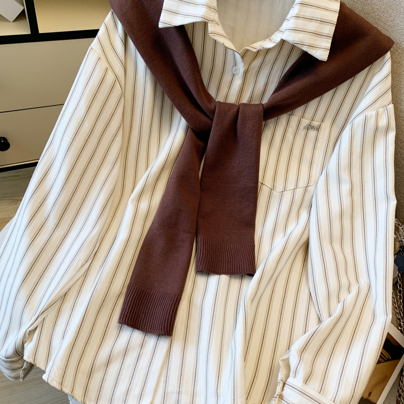 Autumn stripe shirt loose all-match shawl 2pcs set