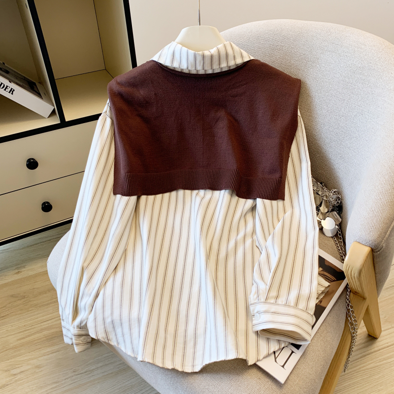 Autumn stripe shirt loose all-match shawl 2pcs set