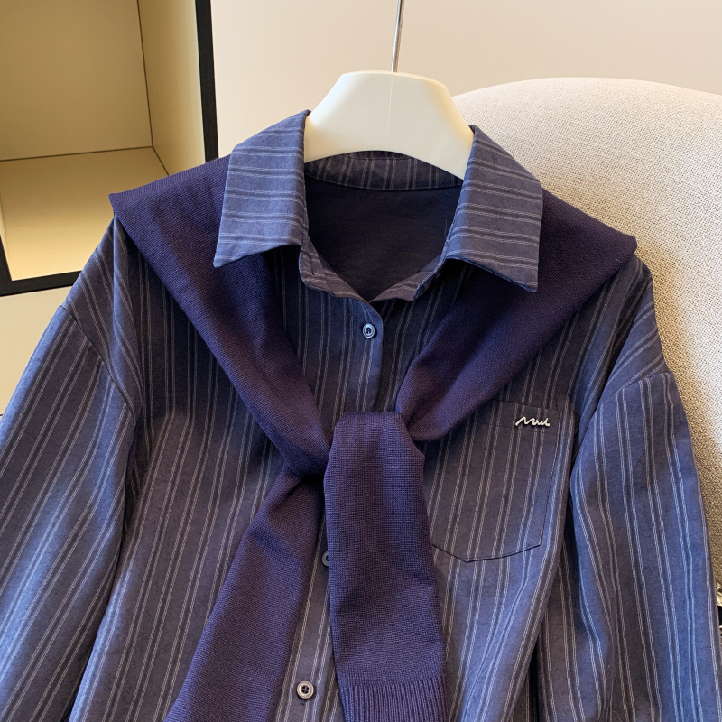 Autumn stripe shirt loose all-match shawl 2pcs set
