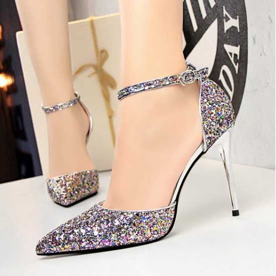 Fine-root sexy sequins pointed sandals for women