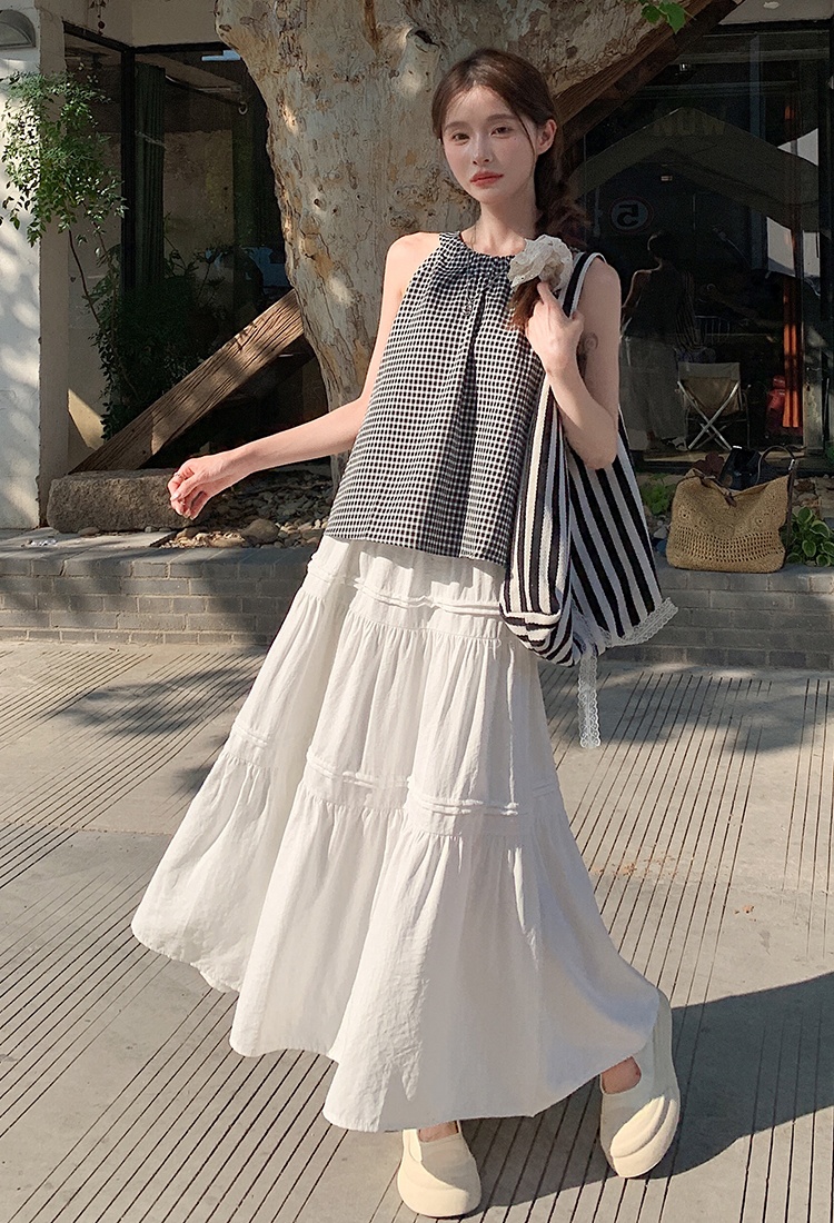 Fold splice skirt white waist long skirt for women