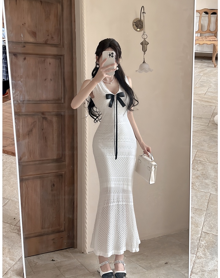 Temperament chanelstyle bow vest hollow slim V-neck dress
