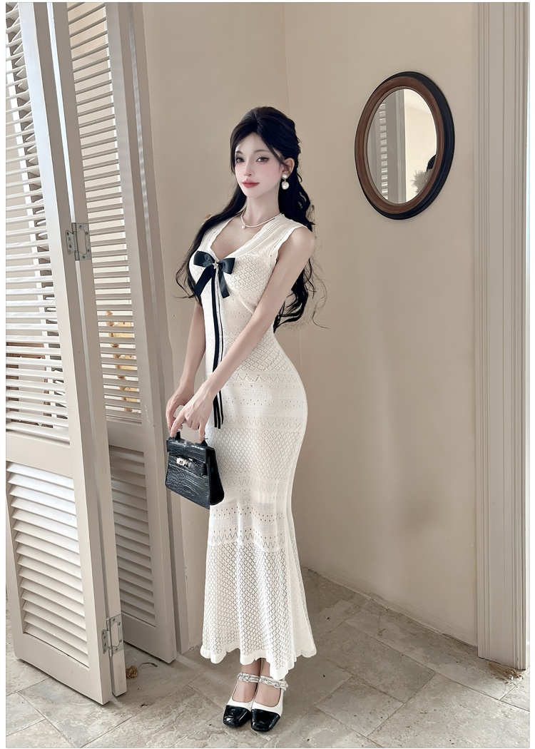 Temperament chanelstyle bow vest hollow slim V-neck dress