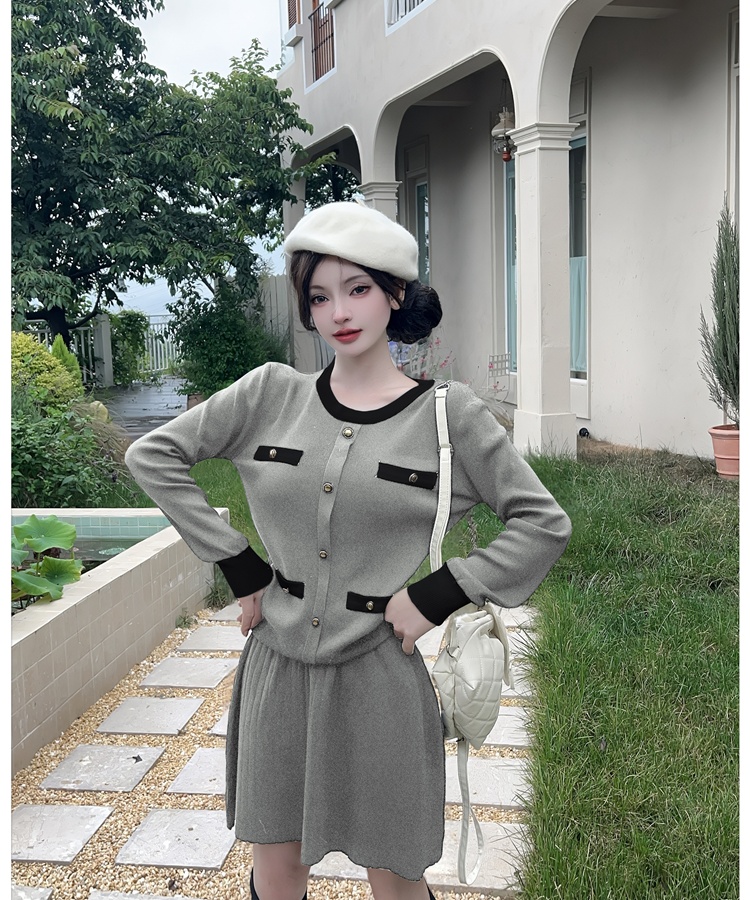 Long sleeve knitted skirt 2pcs set for women