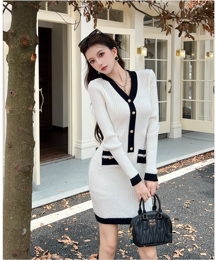Light luxury V-neck knitted dress ladies sexy T-back