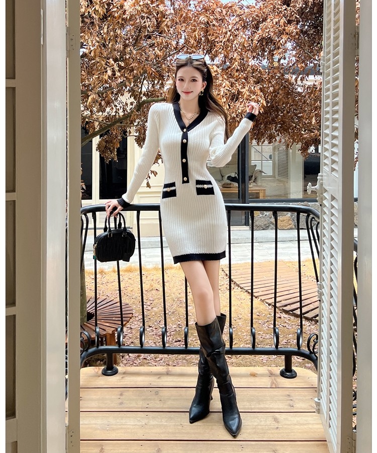 Light luxury V-neck knitted dress ladies sexy T-back