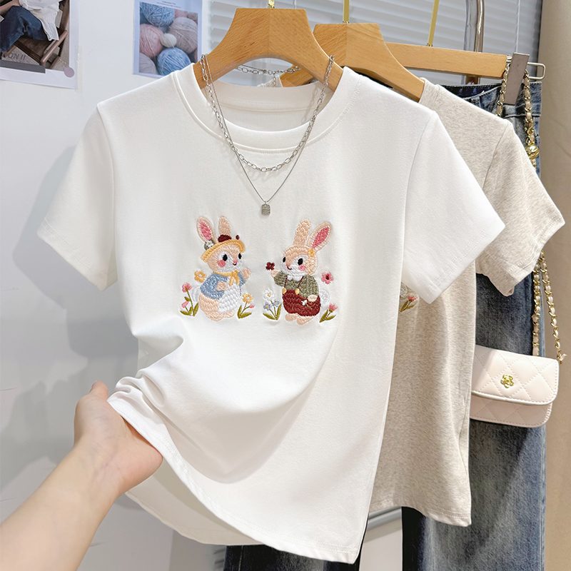 Embroidery summer tops loose cartoon T-shirt for women
