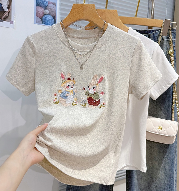 Embroidery summer tops loose cartoon T-shirt for women