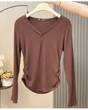 Buckle T-shirt long sleeve bottoming shirt for women