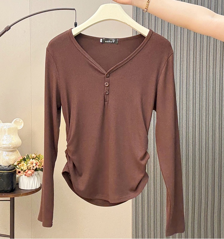 Buckle T-shirt long sleeve bottoming shirt for women