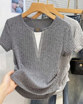 Pseudo-two short V-neck tops short sleeve summer T-shirt