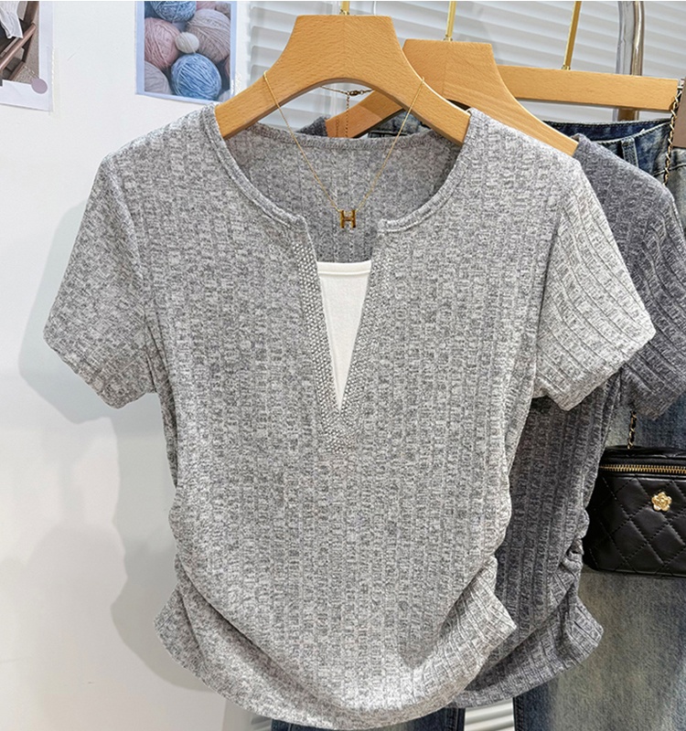 Pseudo-two short V-neck tops short sleeve summer T-shirt
