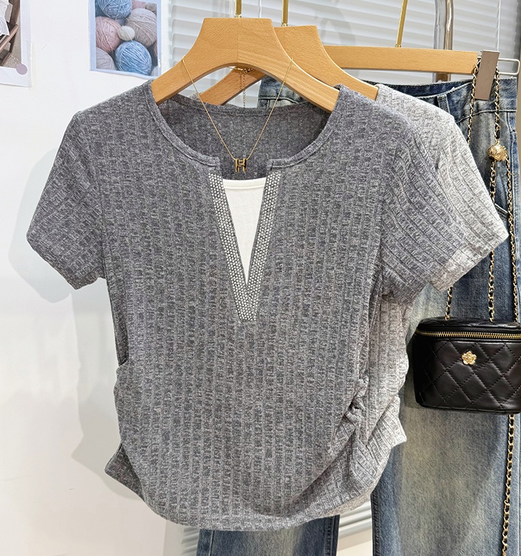Pseudo-two short V-neck tops short sleeve summer T-shirt
