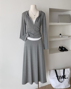 Long Pseudo-two hoodie gray skirt 2pcs set for women