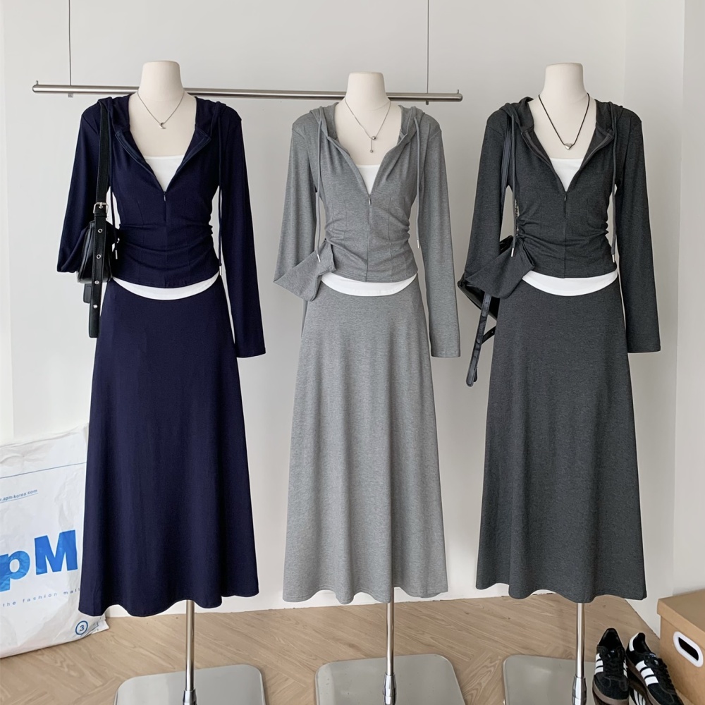Long Pseudo-two hoodie gray skirt 2pcs set for women