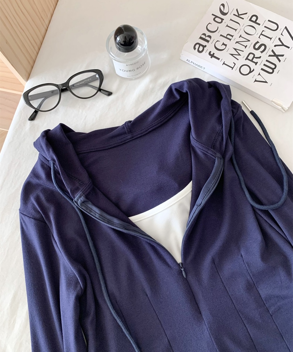 Long Pseudo-two hoodie gray skirt 2pcs set for women