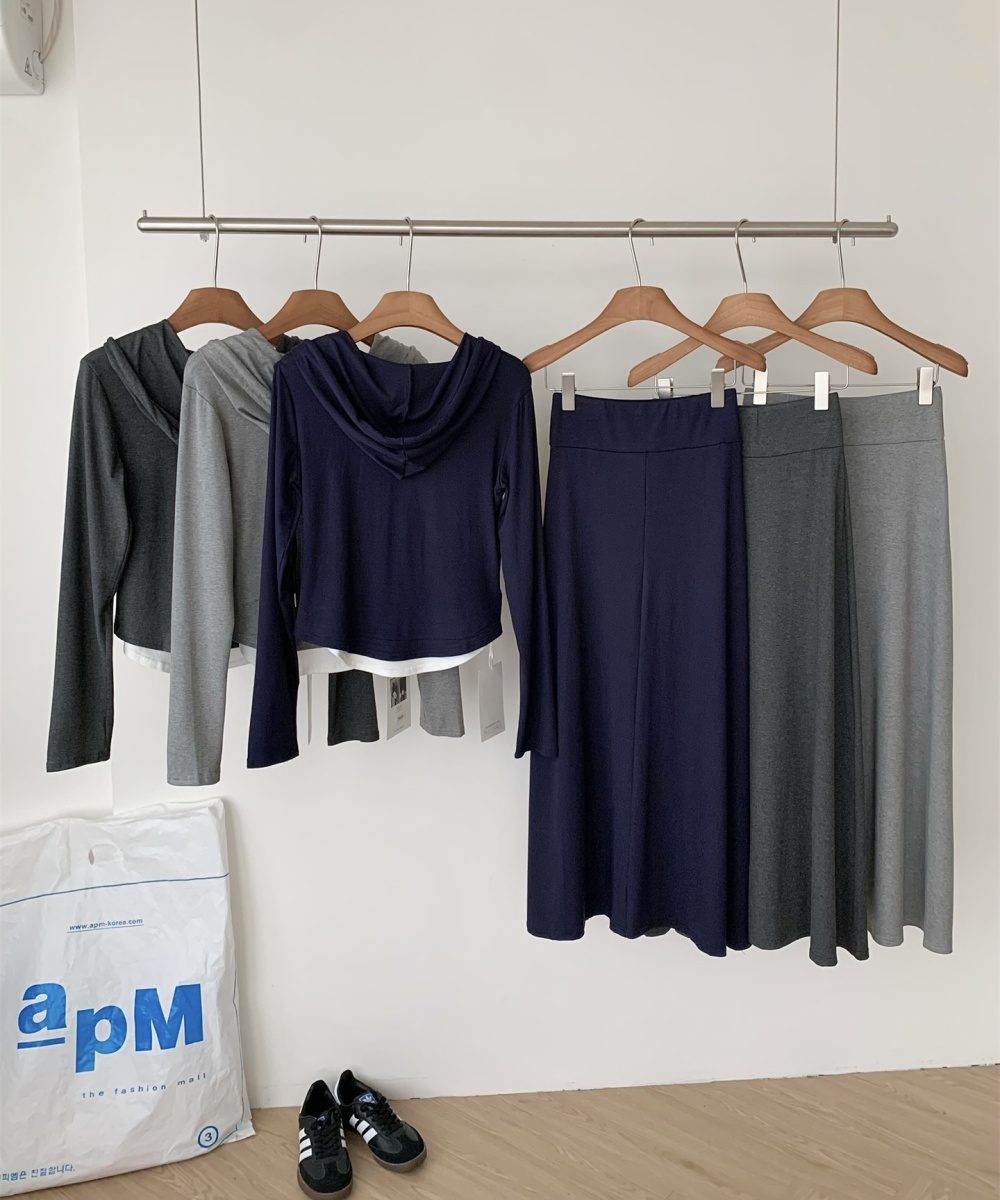Long Pseudo-two hoodie gray skirt 2pcs set for women