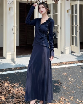 Lace high waist autumn drape folds skirt 2pcs set for women