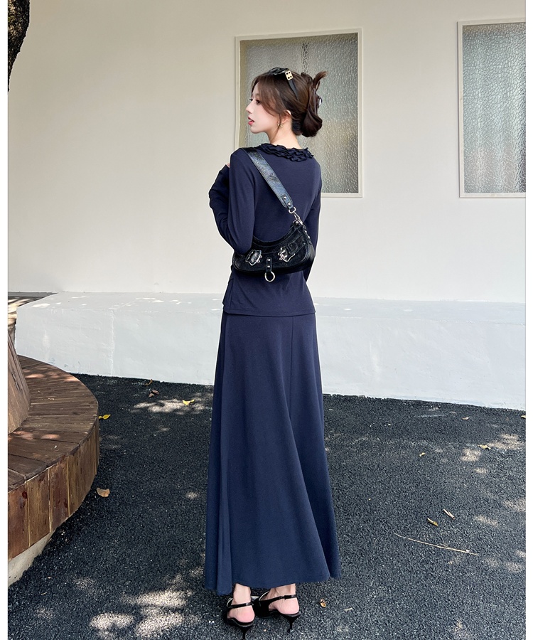 Lace high waist autumn drape folds skirt 2pcs set for women
