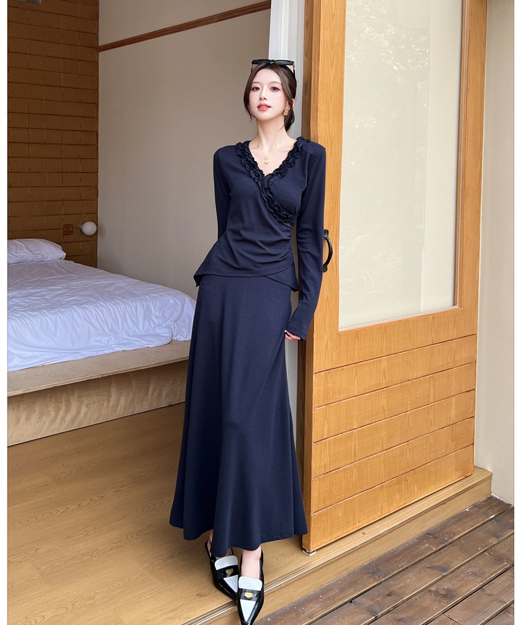 Lace high waist autumn drape folds skirt 2pcs set for women