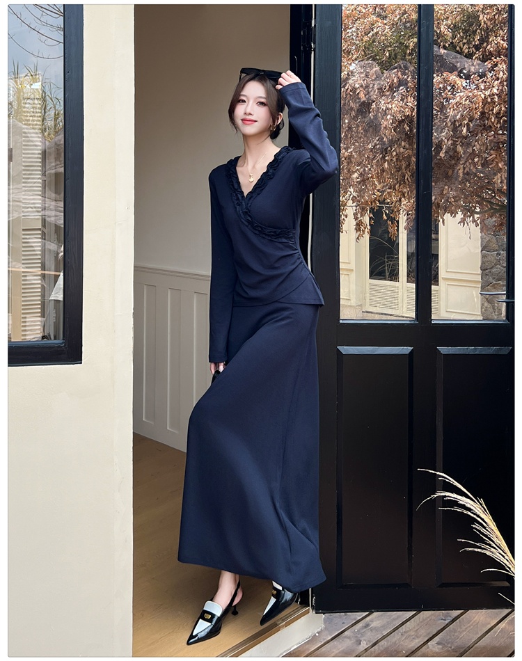 Lace high waist autumn drape folds skirt 2pcs set for women