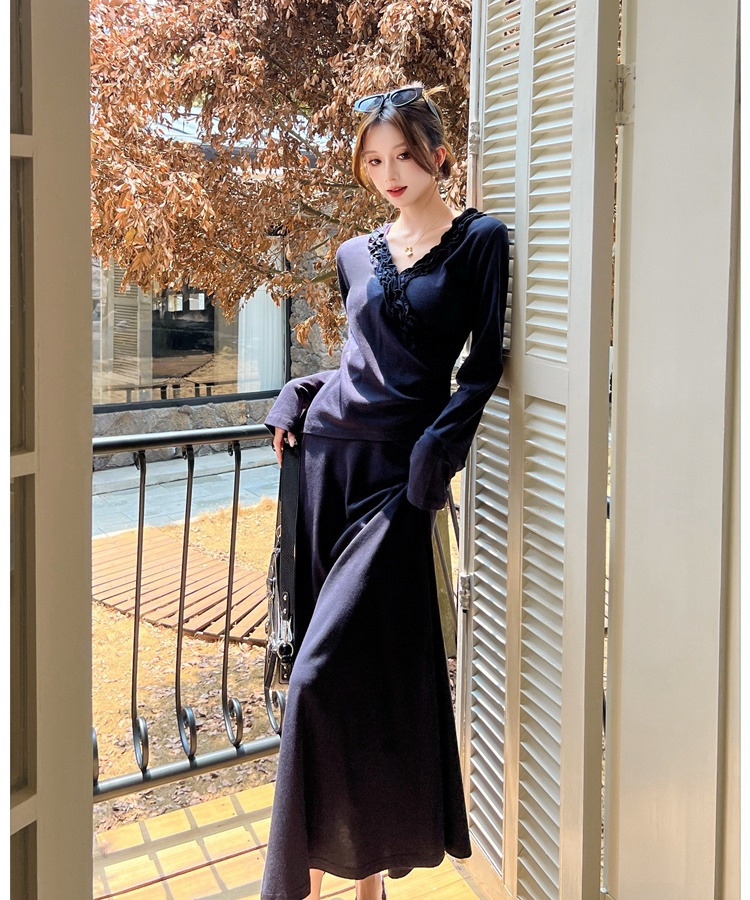 Lace high waist autumn drape folds skirt 2pcs set for women