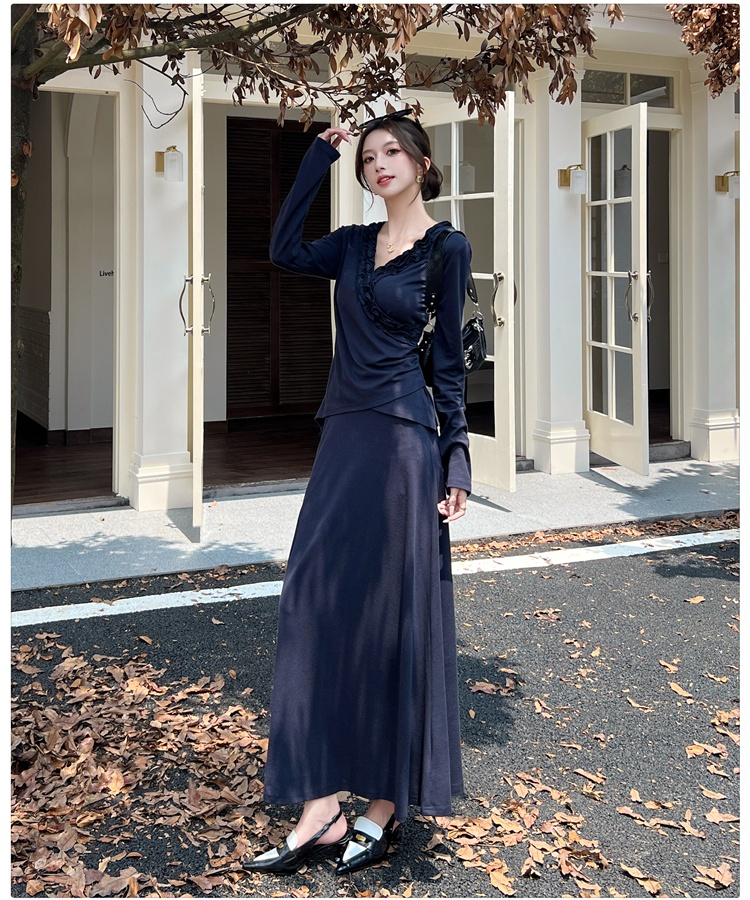 Lace high waist autumn drape folds skirt 2pcs set for women