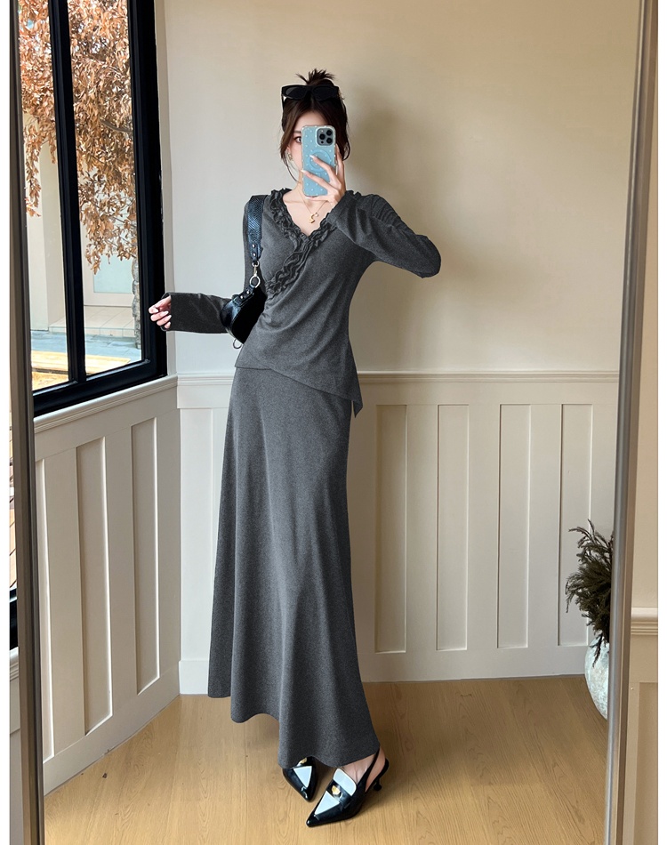 Lace high waist autumn drape folds skirt 2pcs set for women