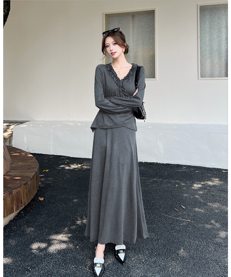 Lace high waist autumn drape folds skirt 2pcs set for women