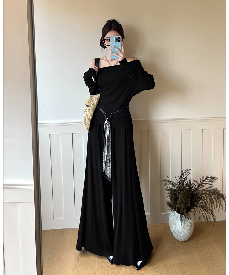Mopping wide leg pants flat shoulder tops 2pcs set