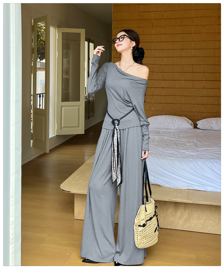 Mopping wide leg pants flat shoulder tops 2pcs set