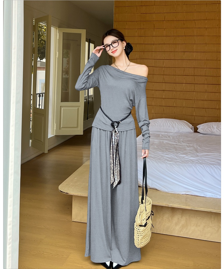 Mopping wide leg pants flat shoulder tops 2pcs set