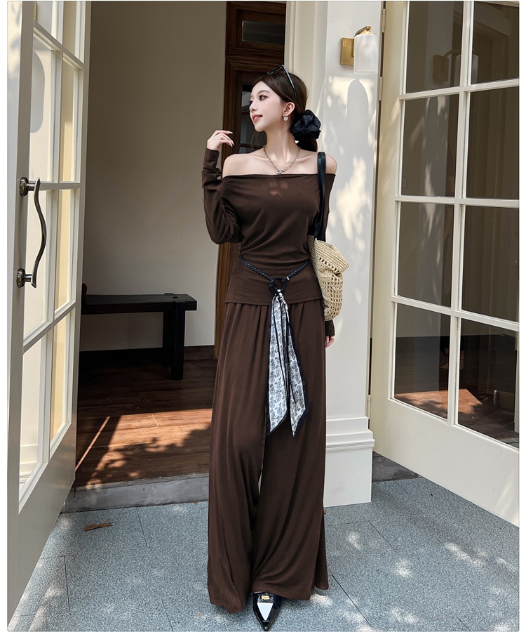 Mopping wide leg pants flat shoulder tops 2pcs set