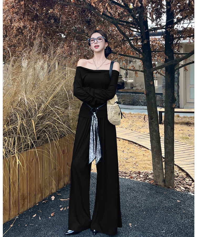 Mopping wide leg pants flat shoulder tops 2pcs set