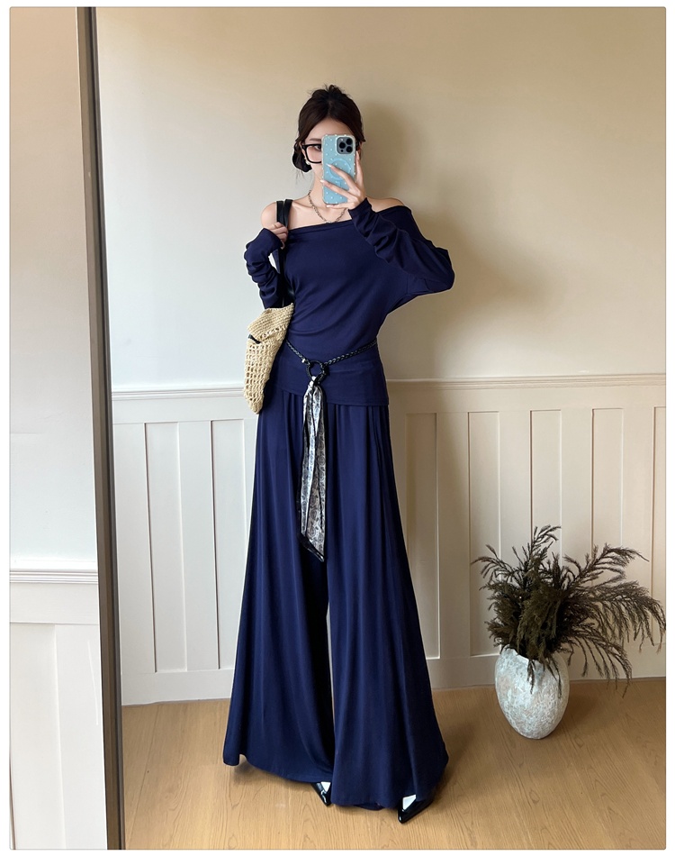 Mopping wide leg pants flat shoulder tops 2pcs set