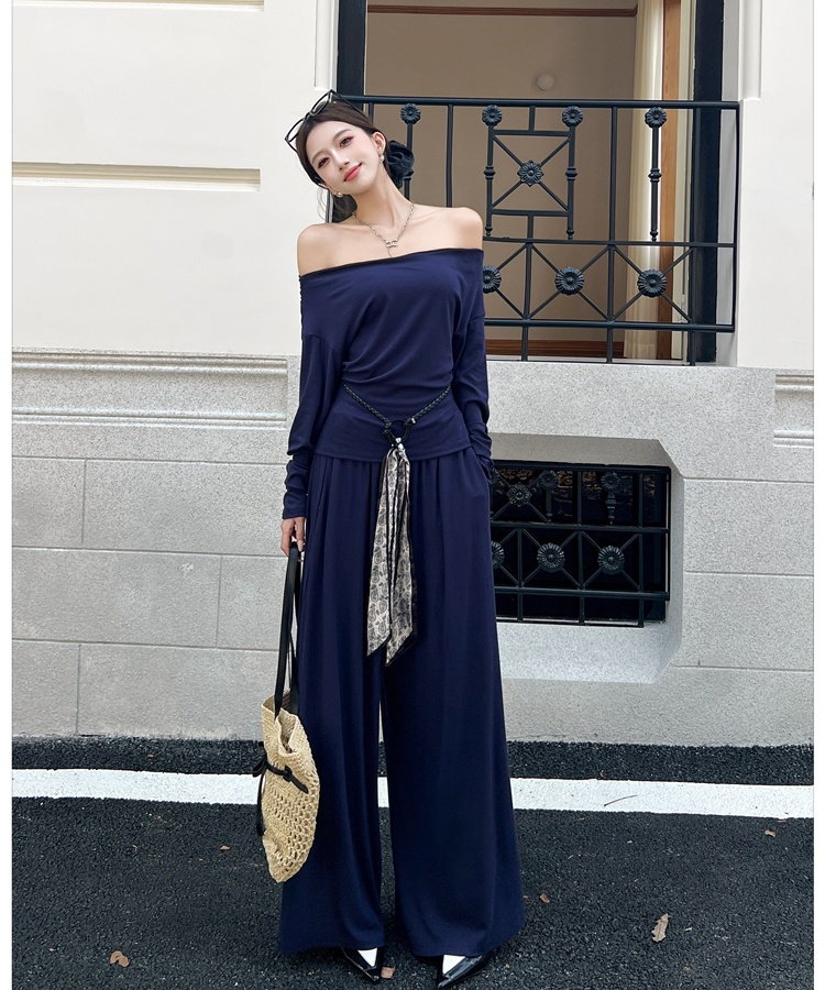 Mopping wide leg pants flat shoulder tops 2pcs set