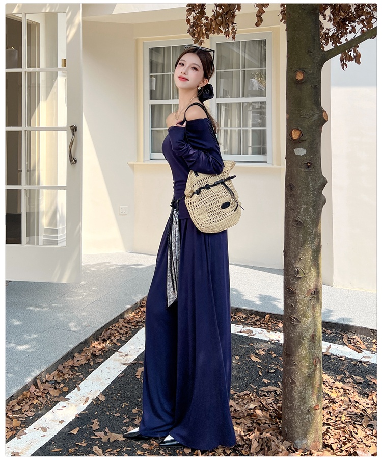 Mopping wide leg pants flat shoulder tops 2pcs set