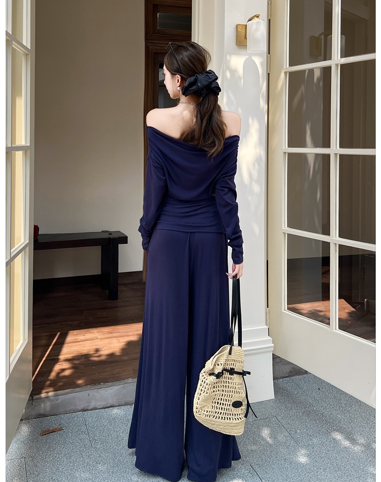 Mopping wide leg pants flat shoulder tops 2pcs set
