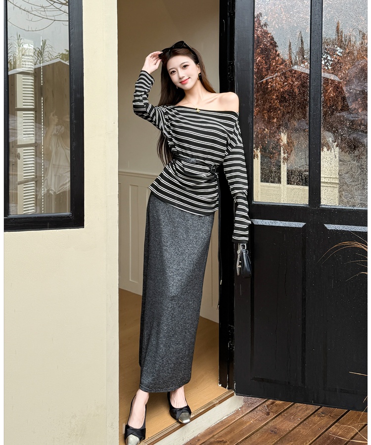 Autumn drape T-shirt France style long sleeve skirt a set