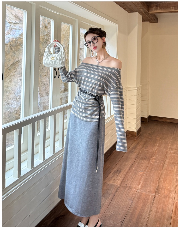 Autumn drape T-shirt France style long sleeve skirt a set