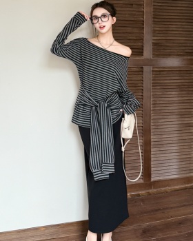 Stripe autumn T-shirt long sleeve skirt a set for women