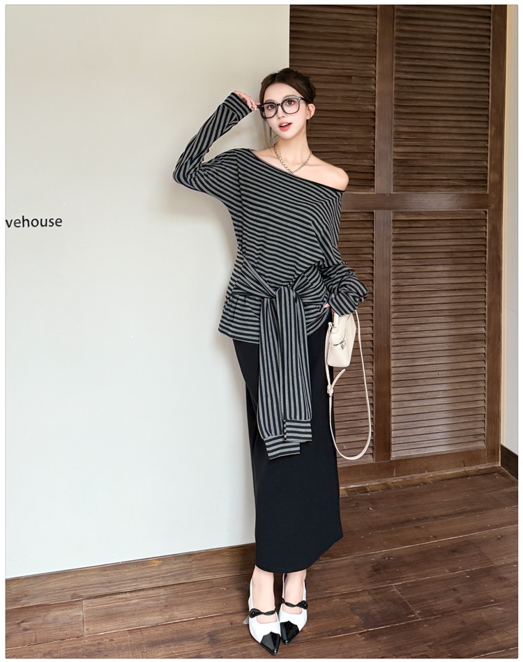 Stripe autumn T-shirt long sleeve skirt a set for women