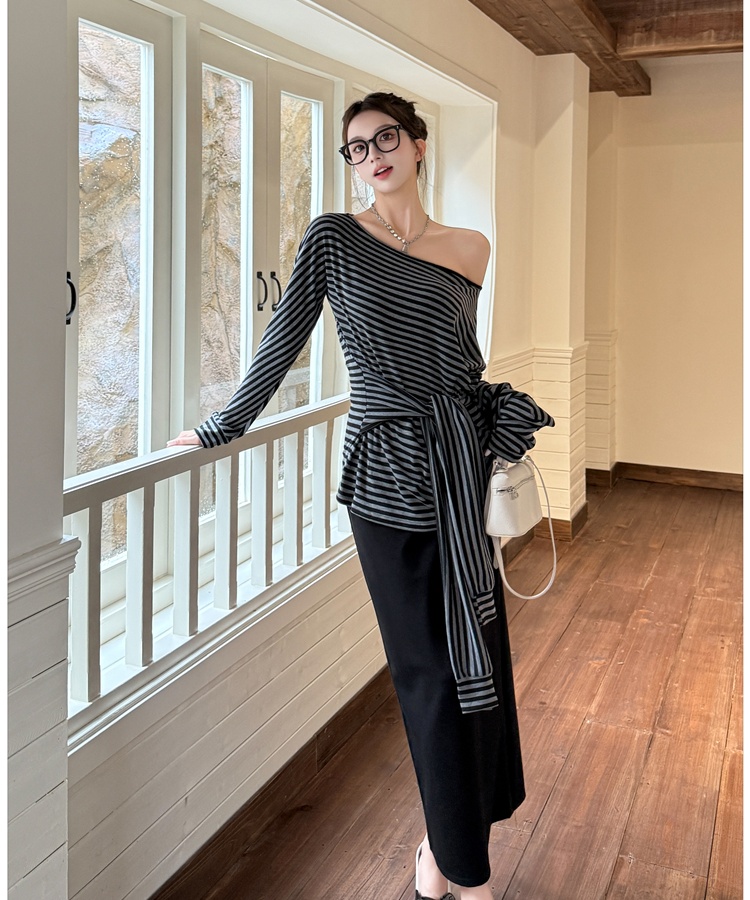 Stripe autumn T-shirt long sleeve skirt a set for women