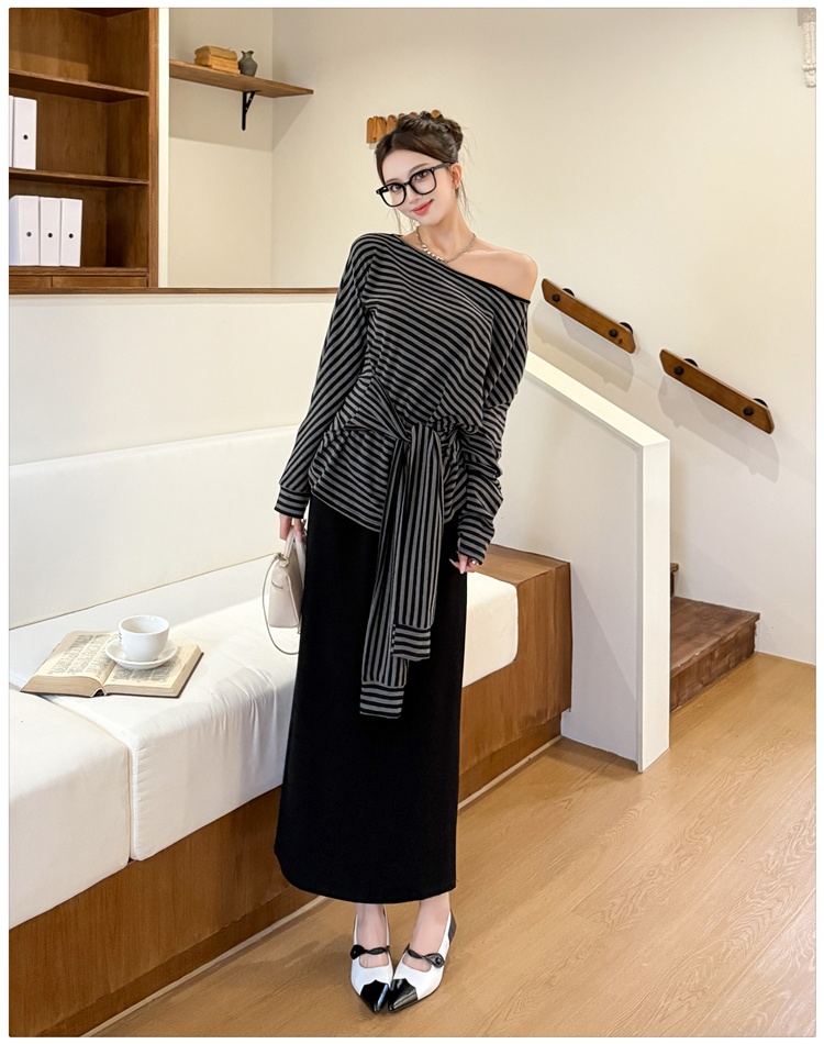 Stripe autumn T-shirt long sleeve skirt a set for women