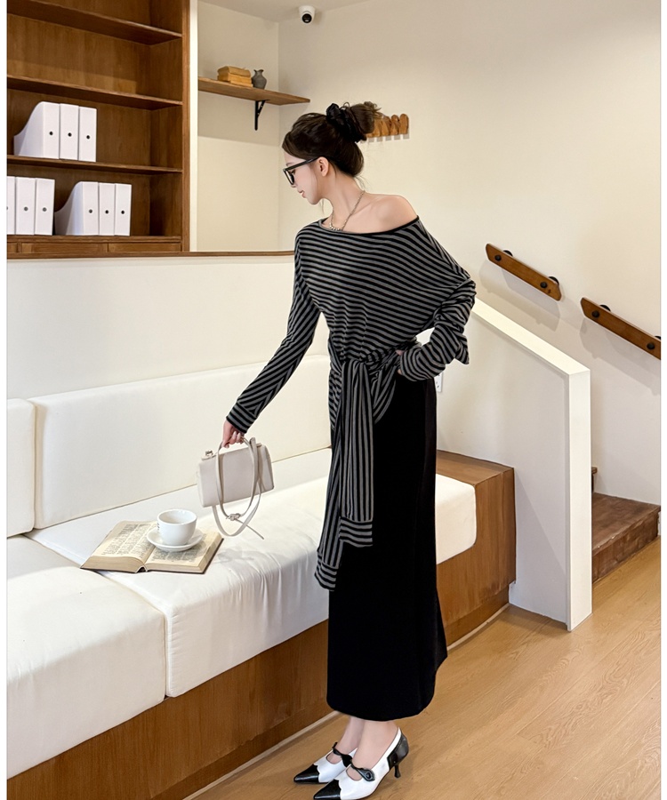 Stripe autumn T-shirt long sleeve skirt a set for women