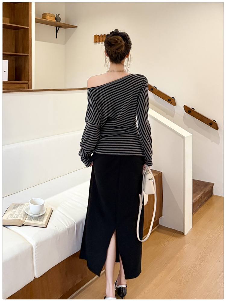 Stripe autumn T-shirt long sleeve skirt a set for women