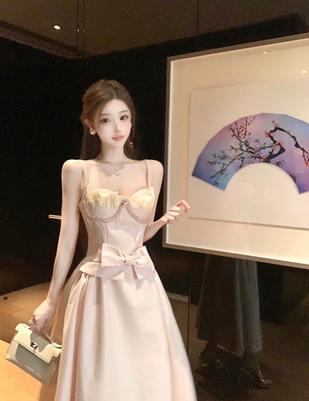 Pinched waist A-line strap dress temperament pink dress
