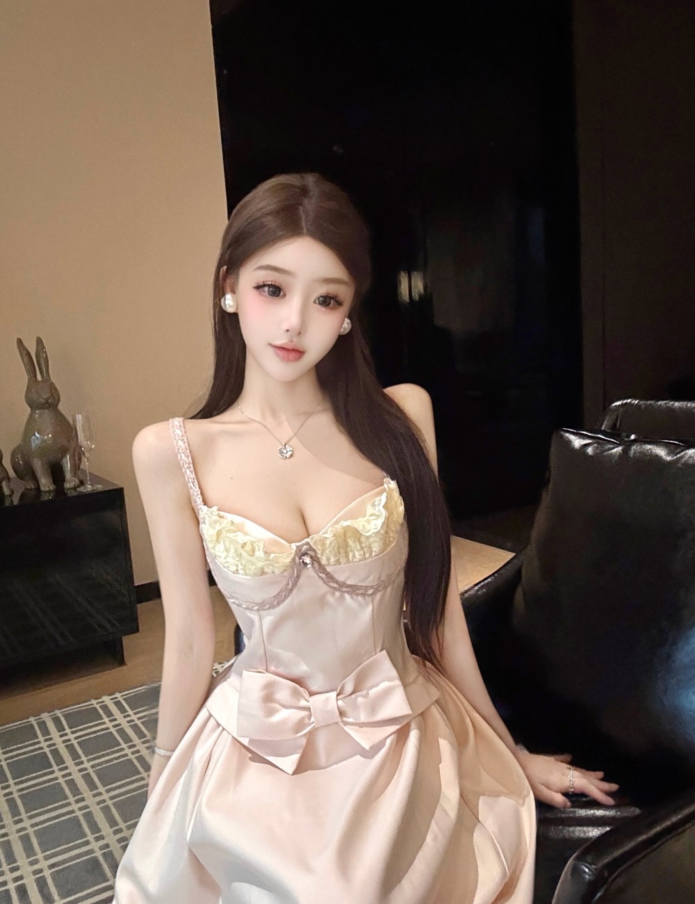 Pinched waist A-line strap dress temperament pink dress